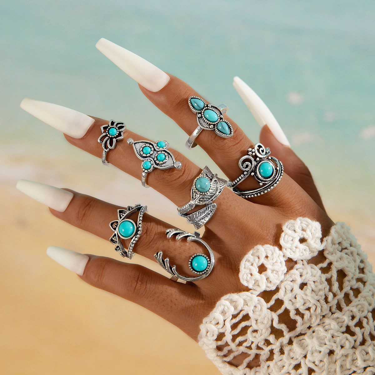 Wholesale new vintage ethnic style inlaid turquoise carved feather ring suit